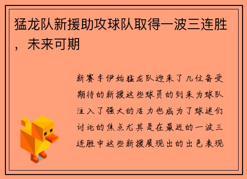 猛龙队新援助攻球队取得一波三连胜，未来可期